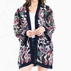 NEW Tropical Floral Georgette Navy Kimono Cover Up